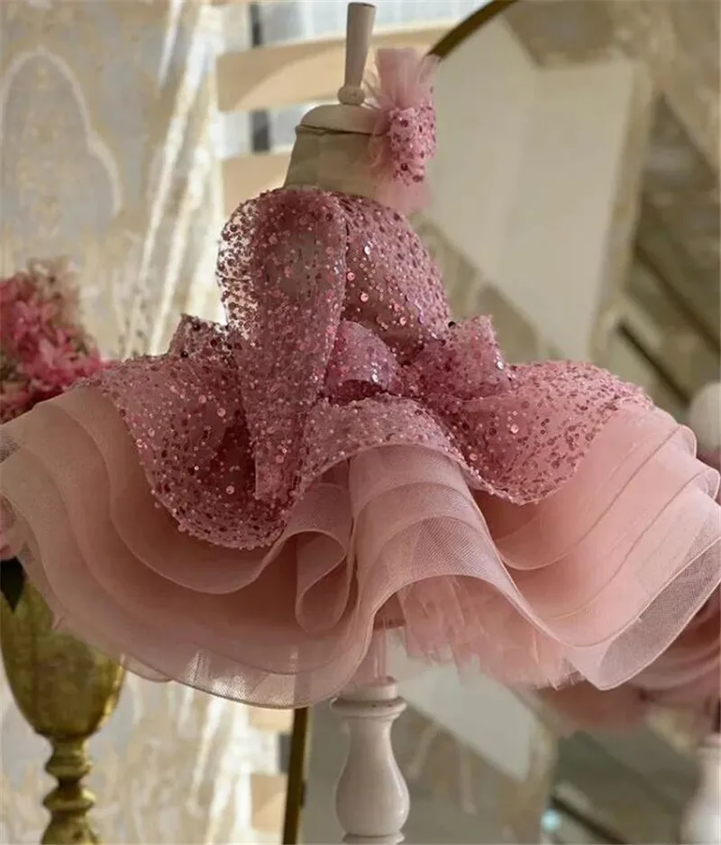 Robe à paillettes à manches longues pour bébés filles, robe moelleuse, tenue de célébrité, blanc, rose, anniversaire, princesse, à la mode, 2024