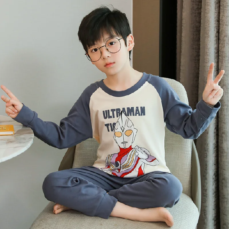 Ultraman Superman Boys Crew Neck Long Sleeve Pullover Pure Cotton Pajamas Children's Spring and Autumn Thin Cartoon Loungewear