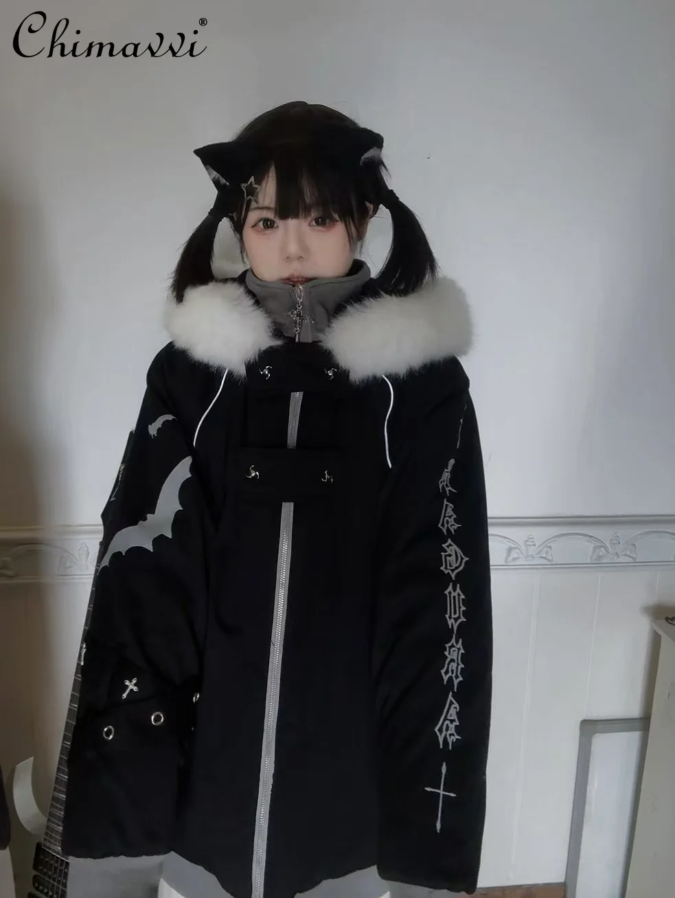 

Original Japanese Punk Style Heavy Embroidery Hooded Jacket Winter New Gothic Dark Girl Long Sleeve Warm Women's Cotton Coat