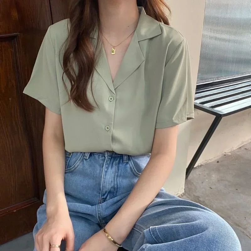 Chiffon top elegant light green women's top short sleeved shirt