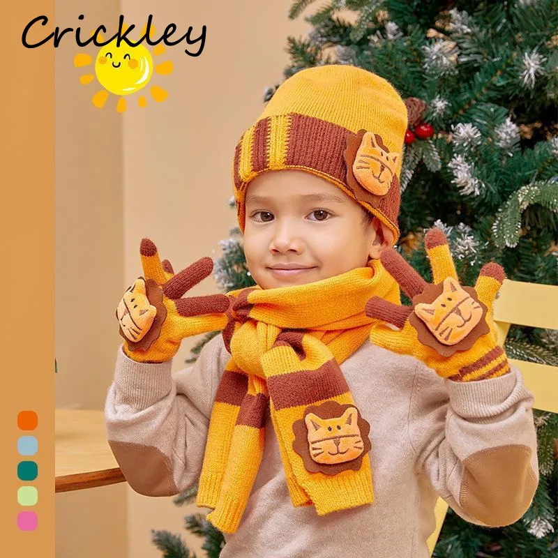 

Cartoon Children Hat Gloves Scarf Set Autumn Winter Dinosaur Rabbit Boys Girls Cap Knitted Windproof Warm Kids Hat Mittens