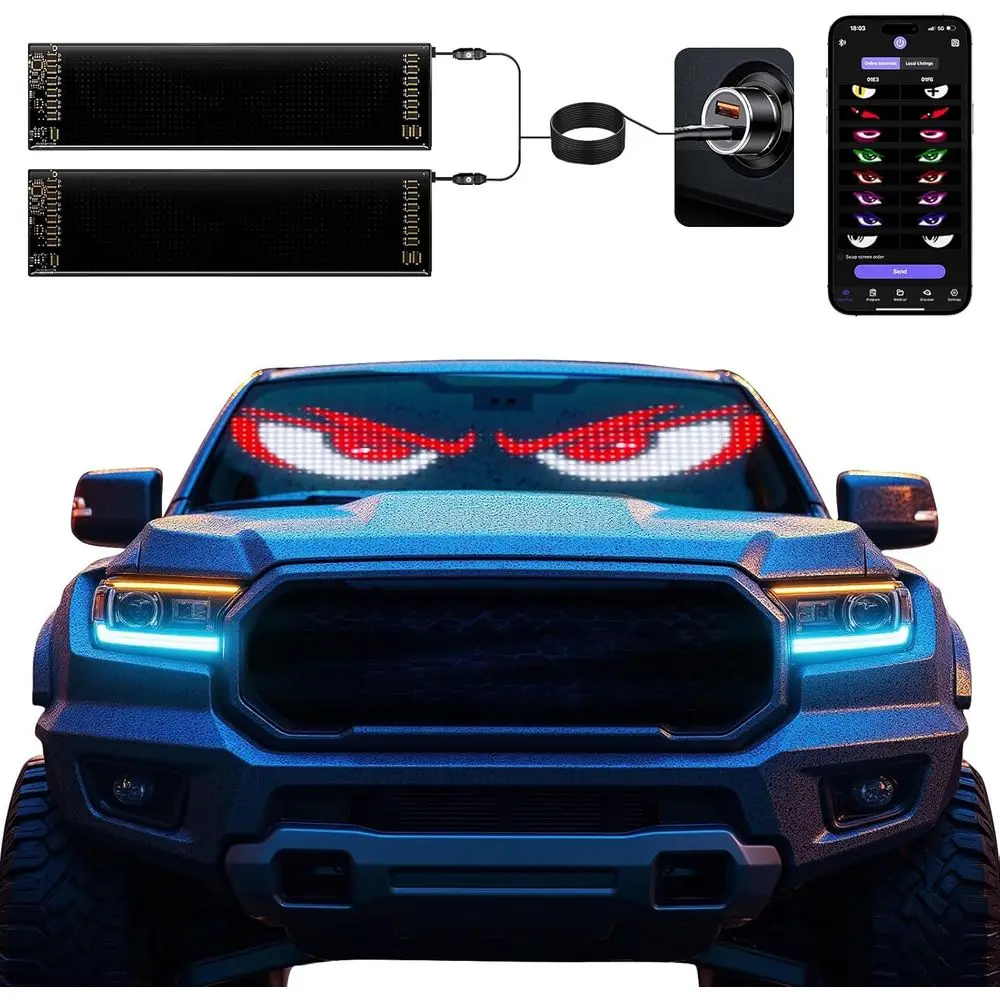 

14.56 x 3.62 Animated Devil Eyes LED Windshield Lights, Programmable Display for Cars & SUVs, App-Controlled Customization