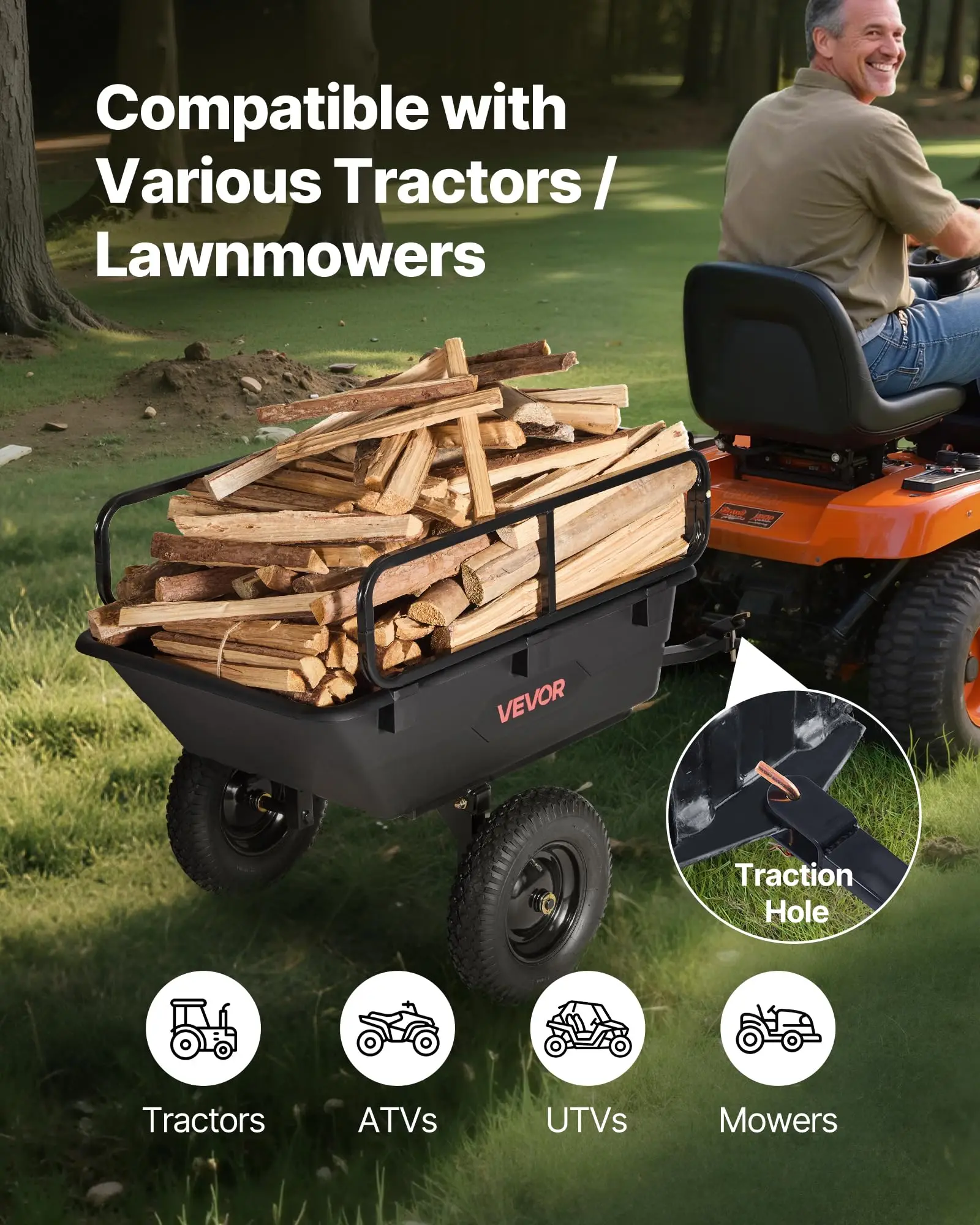 500Lbs 10 Cu.Ft. ATV UTV Trailer Tow Behind Dump Cart, Heavy Duty Pull Behind Utility Dump Trailer for Lawn Mower