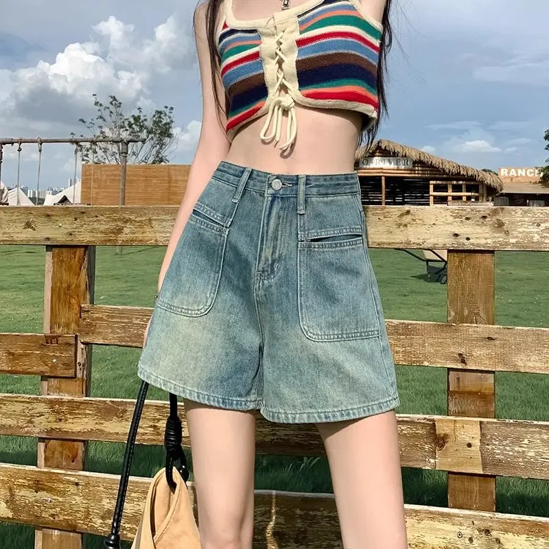 Spring and summer new high waisted denim shorts for women with loose and casual design  retro wide leg A-line hot pants