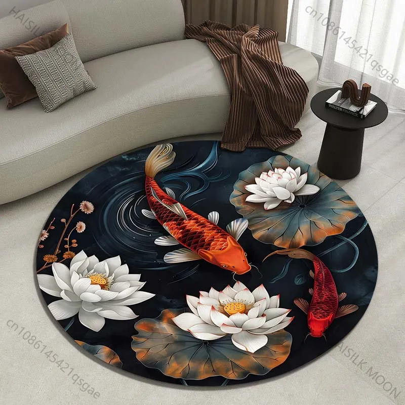 Koi fish and lotus blossoms in harmony Printed round carpet living room sofa table carpet large pet mat soft round carpet