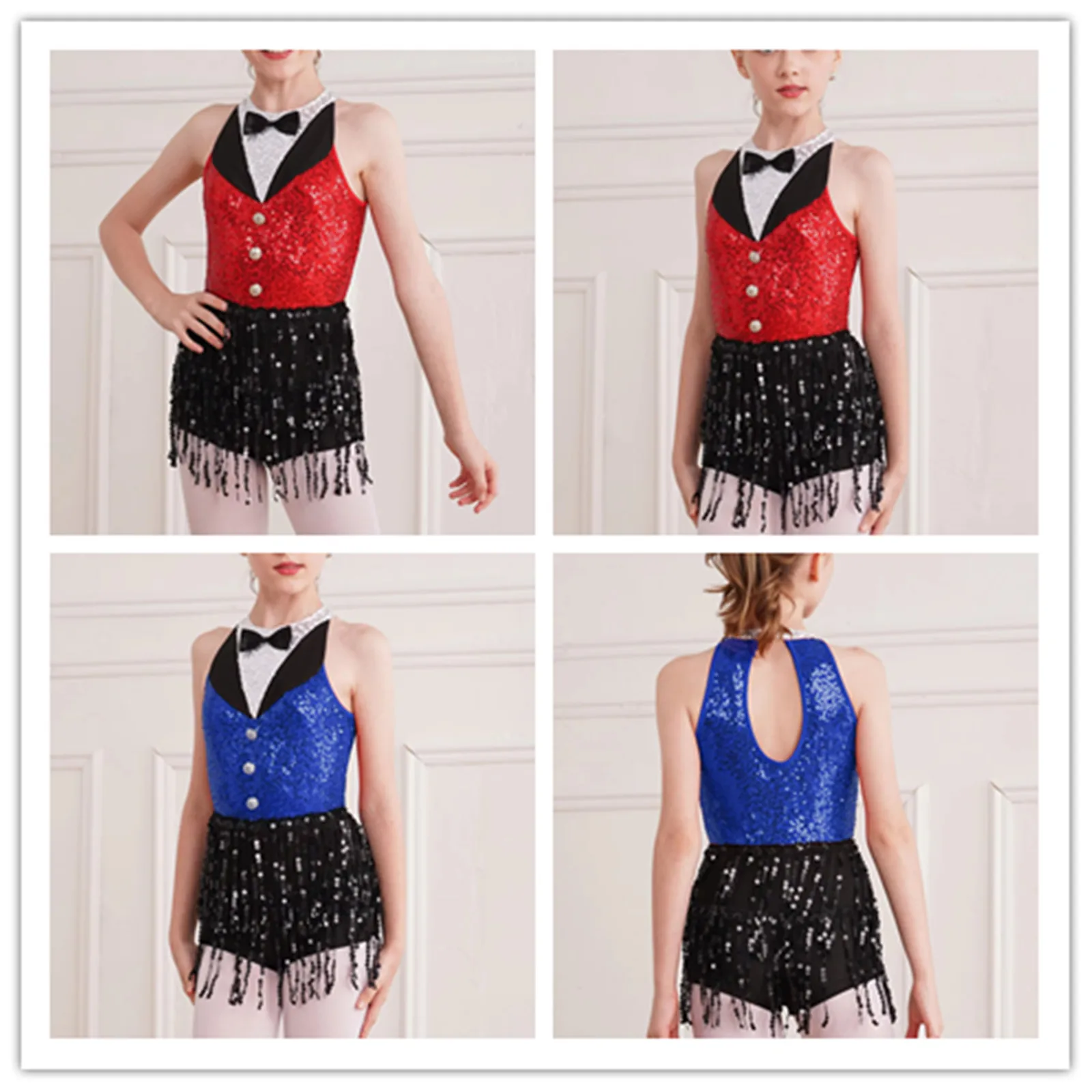 

Kids Girls Gymnastics Ballet Jersey Tights Artistic Skating Costumes Sparkly Sequins Tassel Tuxedo Jazz Dance Leotards Jumpsuit