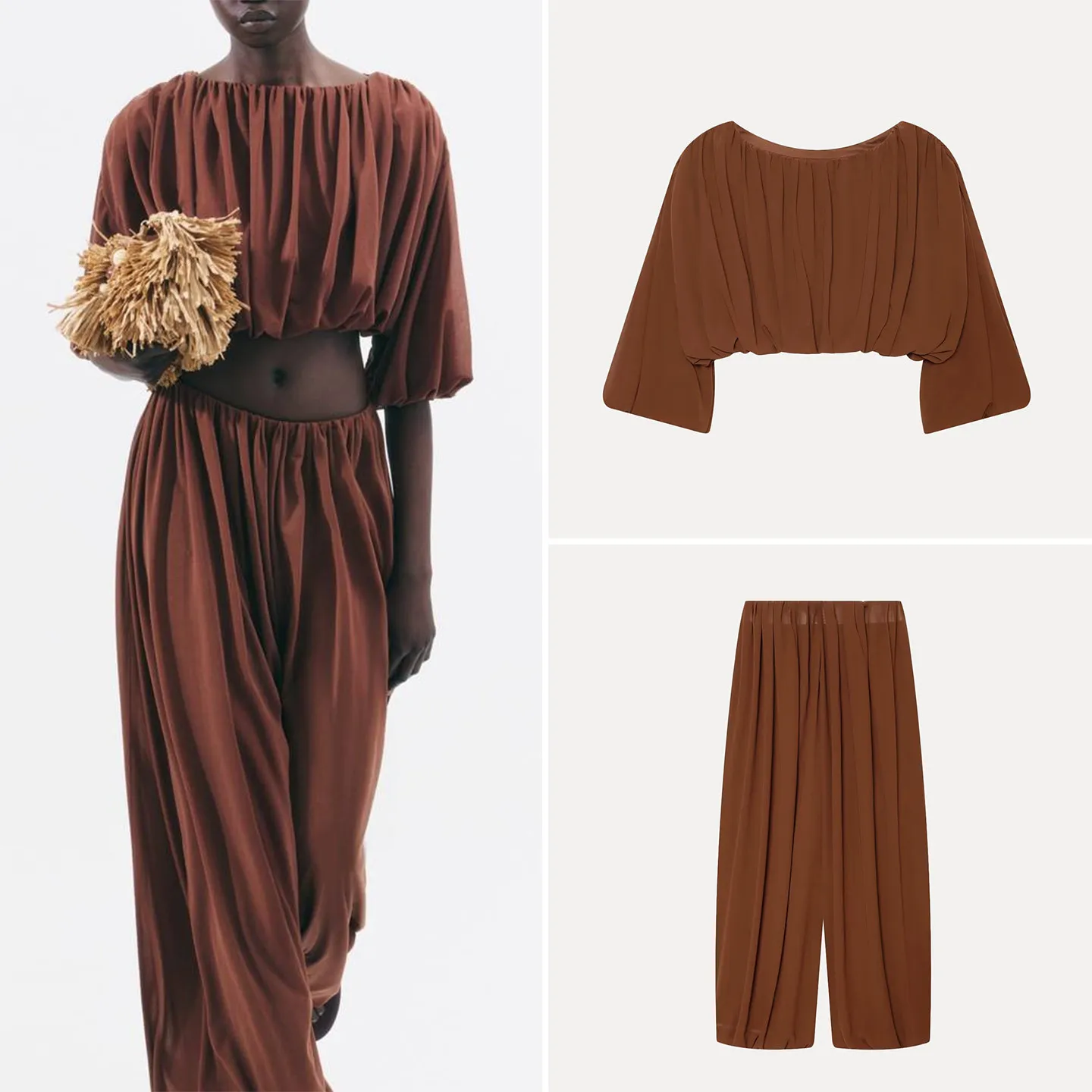 Elegant Women's Fashion Set Summer 2026 Short Top with Bubble Hem Lantern Pants High Waist Long Pants One-Shoulder Design