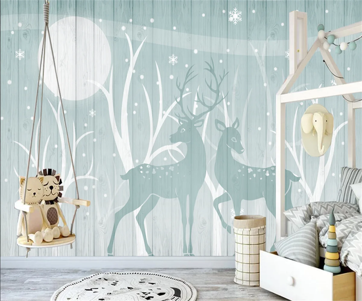 

Customized Wallpaper Cartoon Winter Forest Elk Photo Wallpaper Children's Room Kindergarten Background Wall Decoration Painting