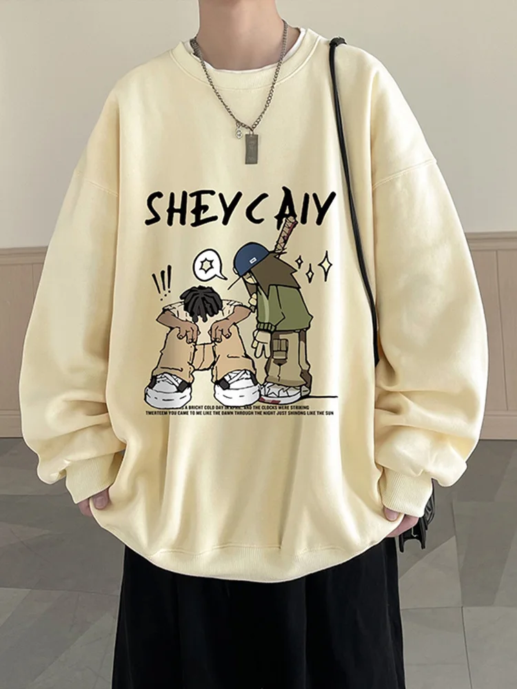

American Retro Cartoon Print Loose Fit round Ne Sweatirt Spring Autumn Men's Casual Comfortable Cotton Polyester Jaet