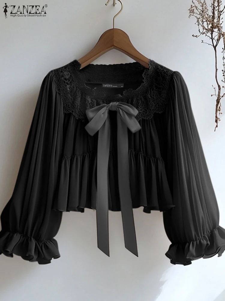 ZANZEA Chiffon Blouse Women Solid Lace Tops 2025 Casual Loose Lantern Sleeve Ruffled Blusas Vintage Bow Lace Up Pleating Tunic
