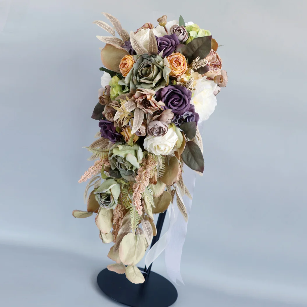 باقة الزفاف البنية، زهور الورد الاصطناعية للعروس مع أشرطة، زهرة وهمية لوصيفة العروس #2