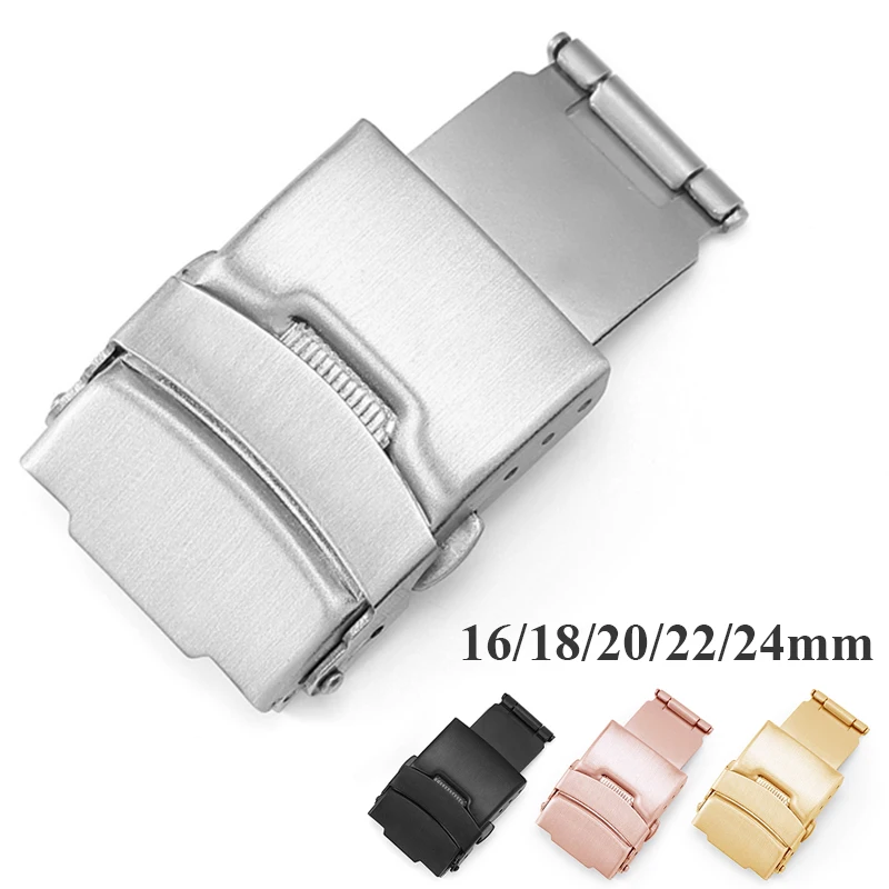 16mm 18mm 20mm 22mm Stainless Steel Watch Clasp Folding Buckle Double Press Silver Black Gold Watchband Buckles 14mm 24mm Button