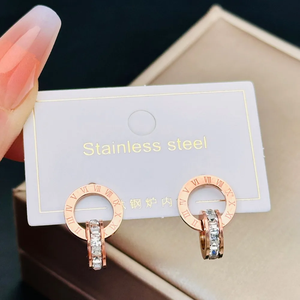 Creativity Trendy Full Zircon Roman Numeral Double Rings Cross Stud Earrings for Women Charm Stainless Steel Bride Jewelry Gift