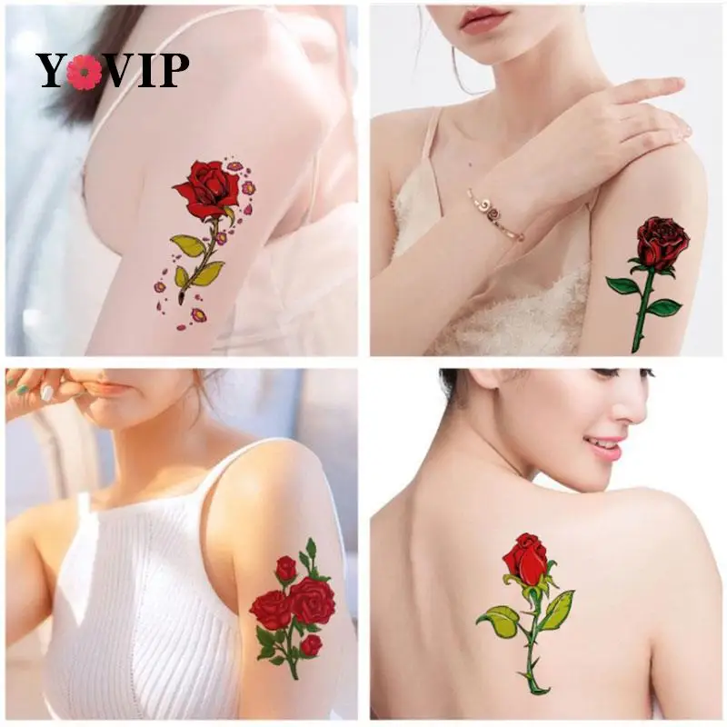 Pegatinas de tatuajes temporales impermeables de 8 hojas, calcomanías falsas Unisex, bonitas flores, rosas, arte corporal desechable, corrector