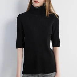 New Short Sleeve T-shirt Sweater for Women Knitwears Turtleneck Tops 100% Wool Pullover Spring Knit Clothes Korean Fashion y2k