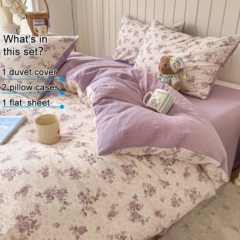 Lavender Floral Print Bedding Set, 1 Duvet Cover 1 Flat Sheet 2 Pillowcases, Soft Breathable Bed Linen Set, Machine Washable
