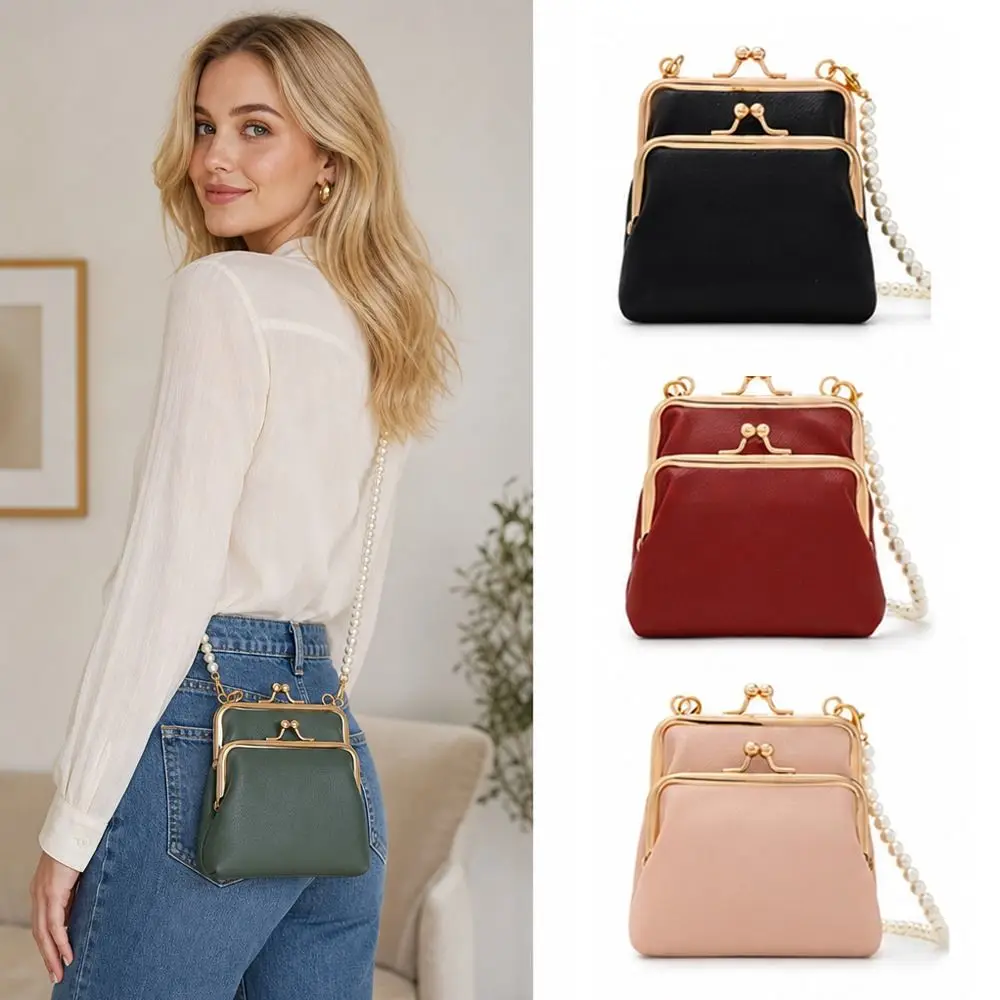 Elegant Double Layer Mini Crossbody Bag Pearl Chain Detachable Strap Kiss Lock Purse Clip Frame PU Leather Small Purse For Women