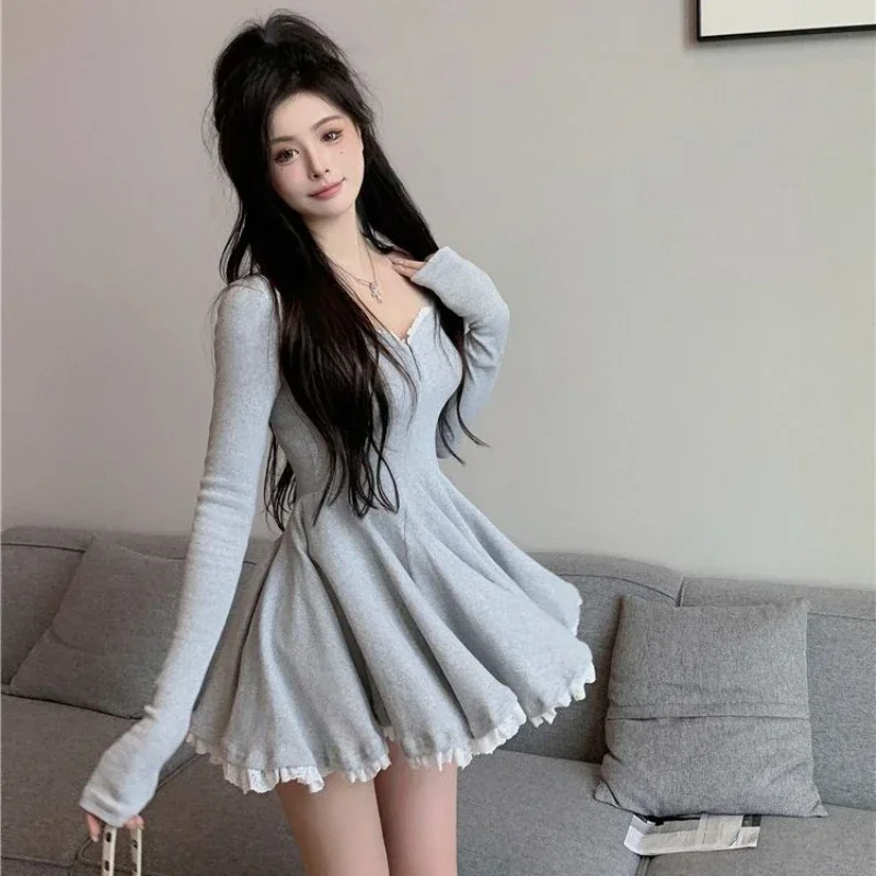 French Style Waist Closed Long Sleeve Collarbone Exposed Sweet Lace-waisted Pleated A-line Tutu Skirt 2026Sexy Korean Dress