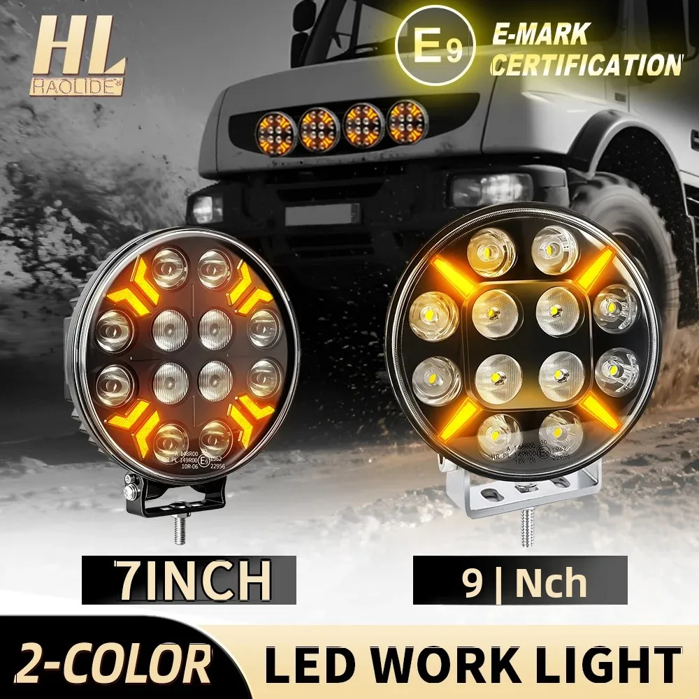 

HAOLIDE Truck Led Work Light E9 Welcome Flowing DRL 7inch Round High Low Beam Strobe Flashing for off-road useBus Tractor IP68