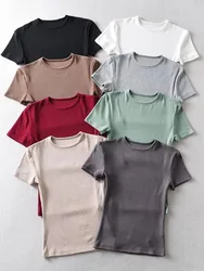 Casual Summer Woman Skinny Fit T-shirt Tight Short-Sleeve O-neck Tee Basic Solid Crop Tops T Shirt
