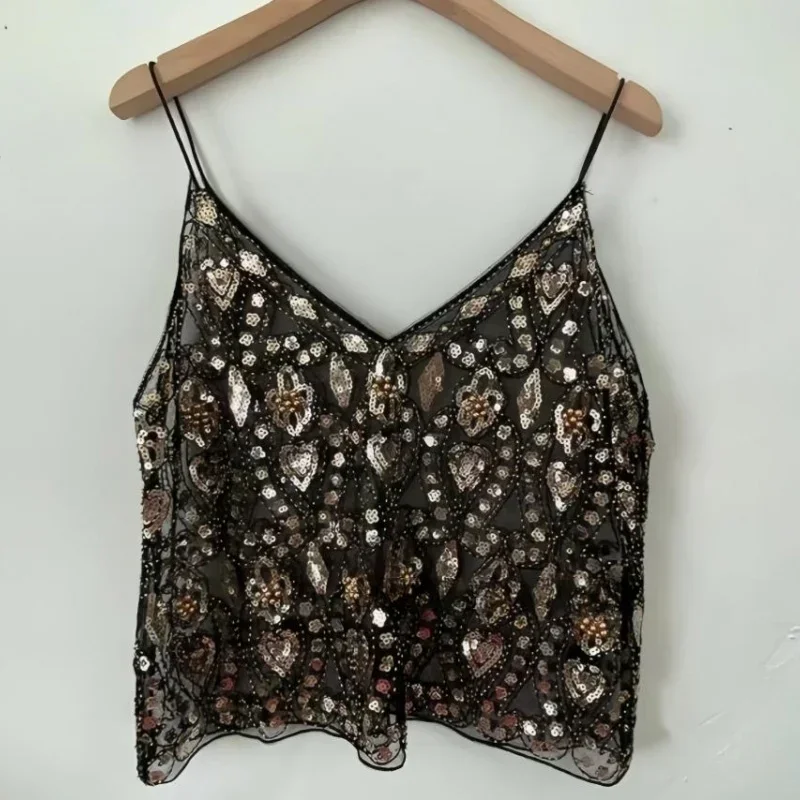 Women's Hot Sweet Sequin Bead Crop Tops Sexy Sling Slim Fit Short V-neck Straight Tank Top Korean Fashion Y2k Clothing