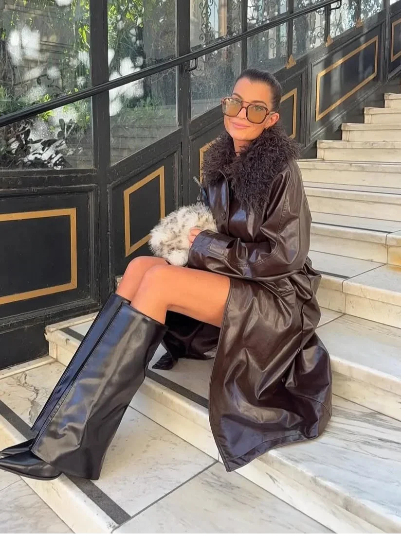 Fur Collar Patchwork Women Leather Jacket Fashion Full Sleeve Lace Up Loose Coat With Belt 2025 Lady Daily High Street Outerwear