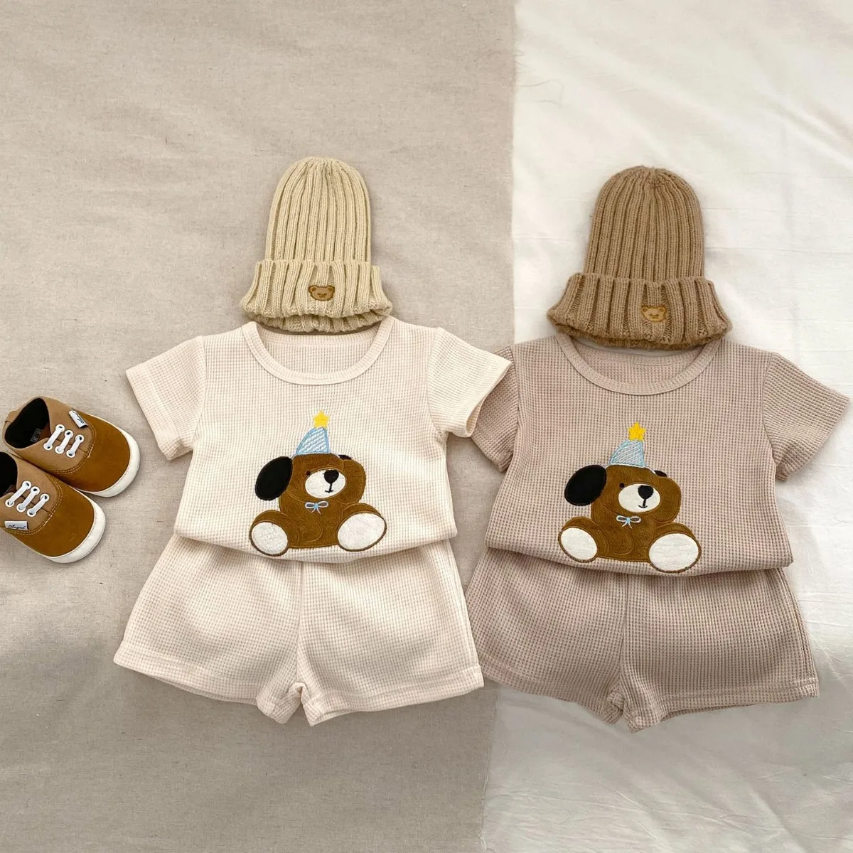 2024 Korean Style Boys' Summer Set, Infant Baby Boys' Cute Bear Embroidered Short Sleeve T-shirt and Shorts 2-Piece Ensemble