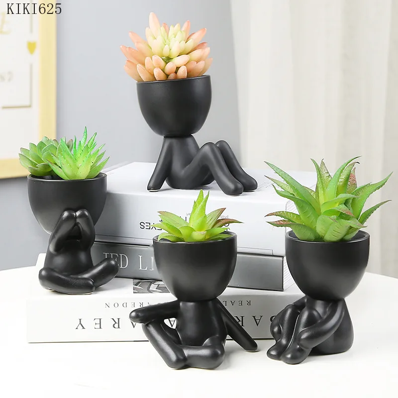 Modern Black White Ceramic Figure Flower Pot Vase Flower Arrangement Green Plant Potted Ornaments Abstract People Vase Flowerpot