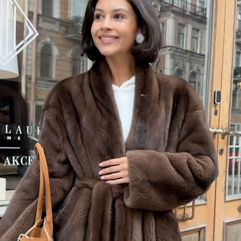 Women Fashion Elegant Lace Up Faux Fur Jacket Plush V-neck Long Sleeve Loose Warm Jackets Lady 2025 Winter Commute Street Coats