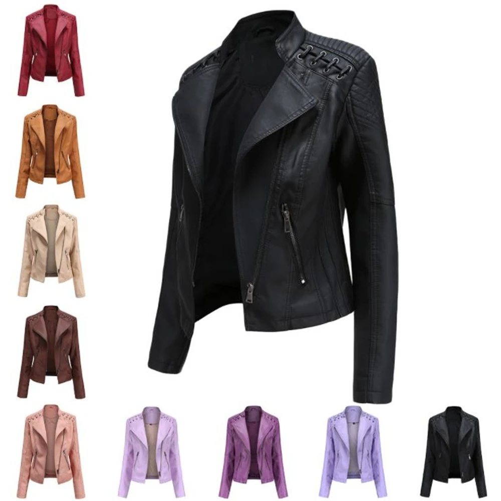 Motorcycle Jackets Outwear New 2024 Turn-down Collar PU faux Leather Jackets Women Luxury Jacket Black Pink Red Biker Coat