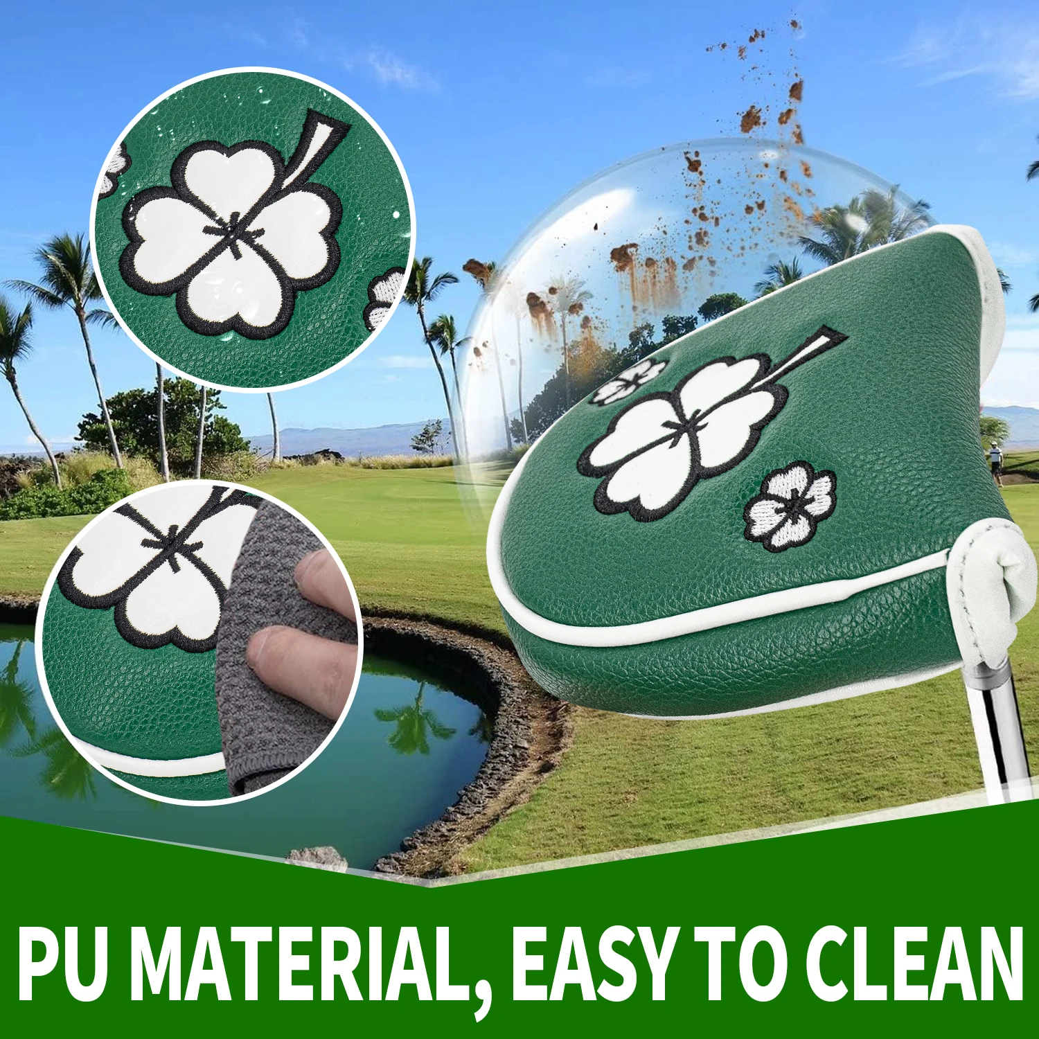 قطعة واحدة من الغطاء الواقي للجولف، غطاء وضع الجولف، تصميم تطريز البرسيم، أنيق ومتين، إغلاق مغناطيسي