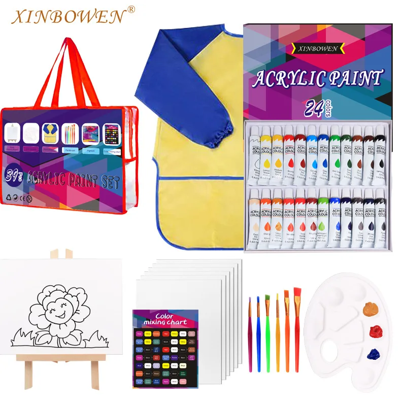 39 Pcs Art Painting Kit Supplies Set for Kids to Party Paint Brushes Acrylic Paints Wood Easels Canvas Panels Palettes Aprons