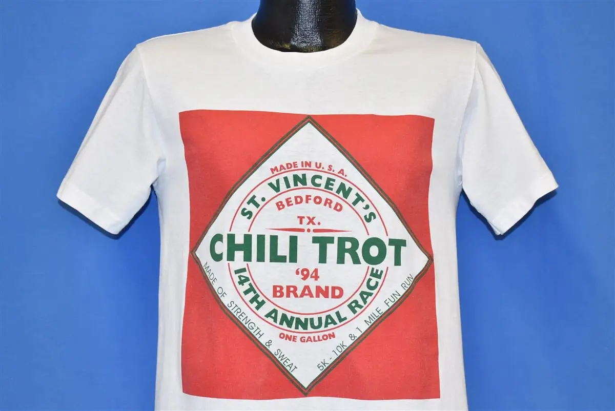 80S St. Vincent Chili Trot 5K Run 14Th Annual Race Bedford Texas Spoof Tabasco T-Shirt Small