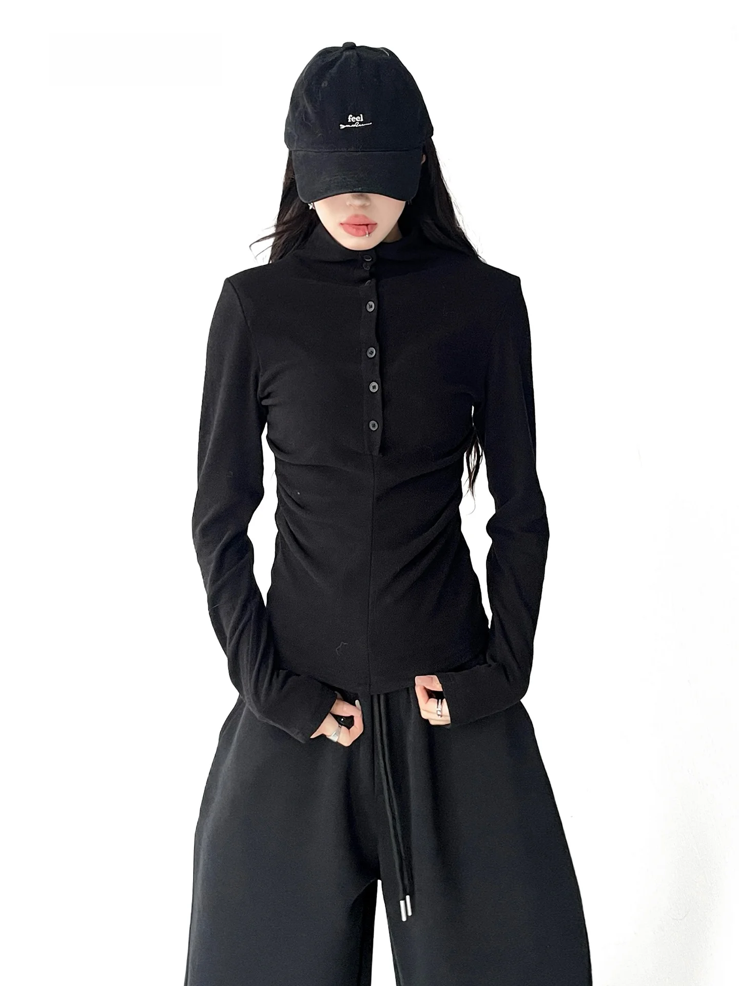 Korean Style Thickened Long Sleeve Cotton Cashmere T-Shirt Waist Cinched Half Button Placket High Collar Short Length  C...