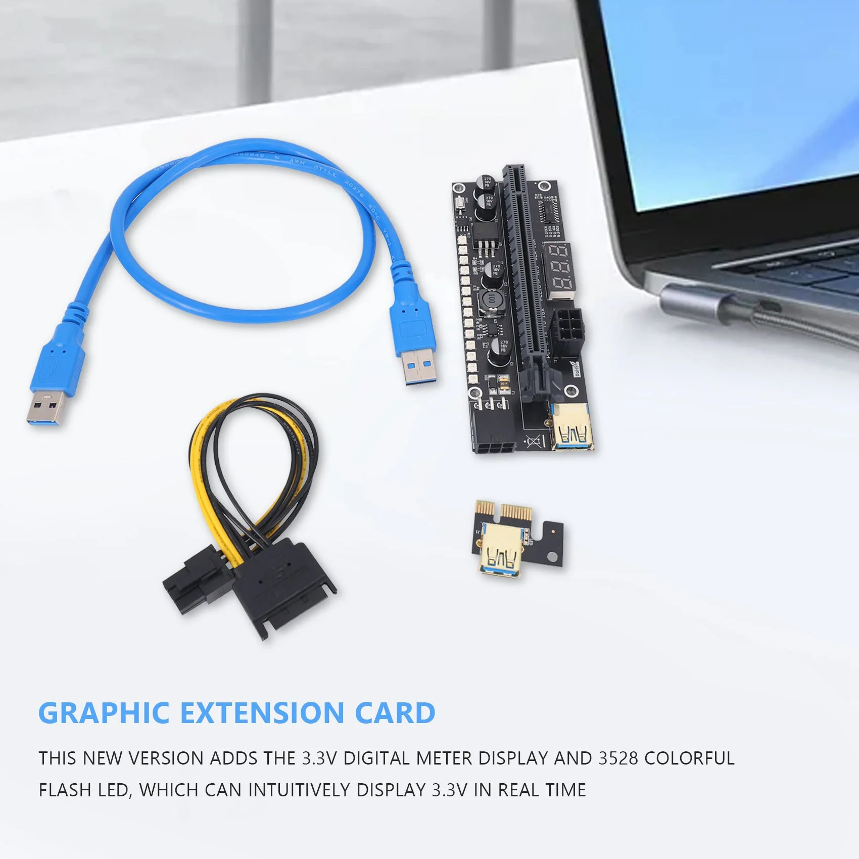 1 peça placa de extensão gráfica pcie riser 1x a 16x com display de medidor digital 3.3v e 3528 led colorido para mineração btc