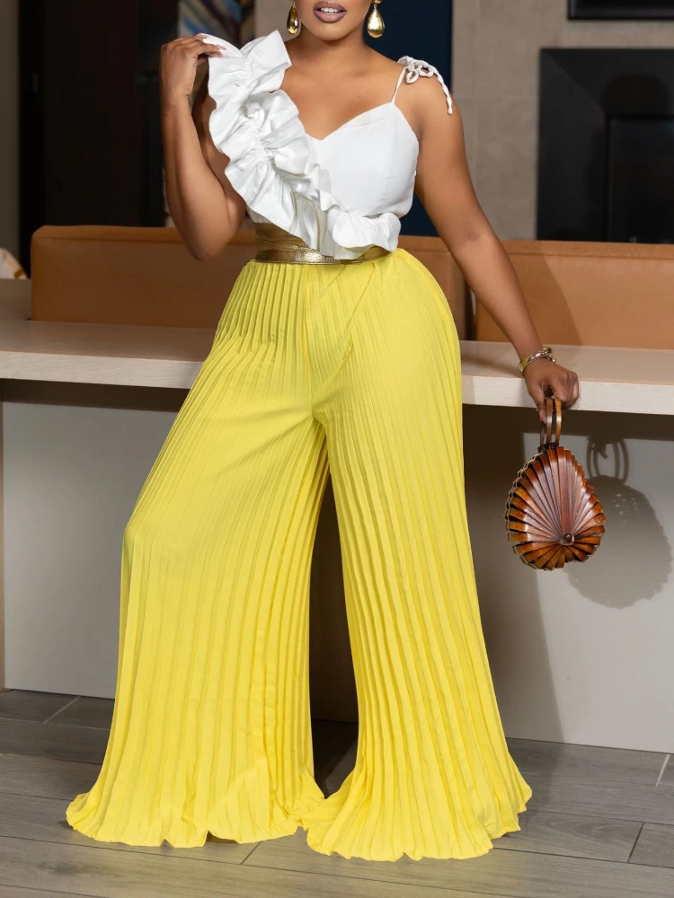 Beach Vacation Women's 2-piece Sexy Ruffled Sleeveless Top Loose Pleated Wide Leg Pants AOMEI Fashionable Solid Color Pants Set