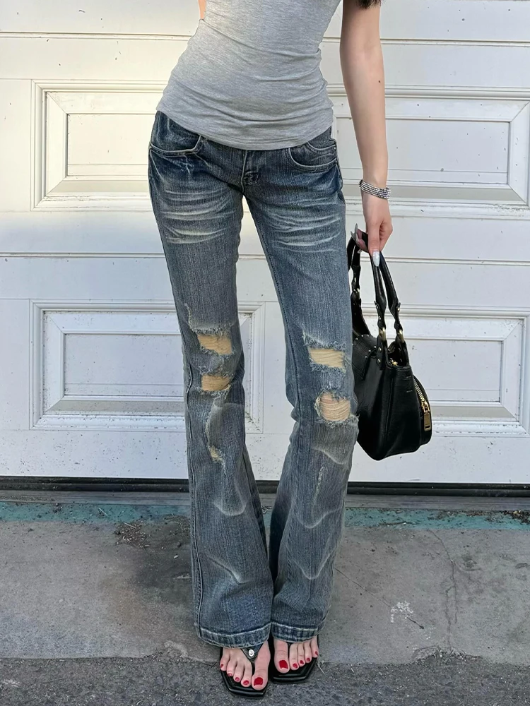 Washed Denim Jeans Women's Autumn New Style American Retro Spicy Girl Slim Micro Flared Long Pants Hole Design Low Waist Zipper