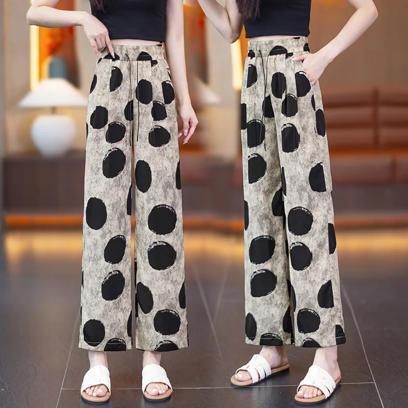 سراويل مريحة منقطة للنساء، سراويل صيفية رفيعة عالية الخصر وفضفاضة ثنيات صغيرة كاجوال مستقيمة الساق