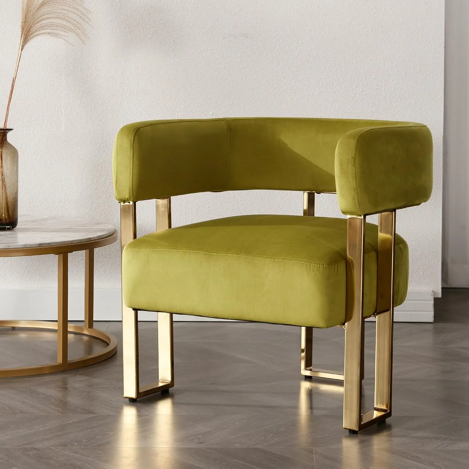 Velvet Barrel Armchair with Gold Metal Legs for Living Room Bedroom Office Lounge, Olive, Customized
