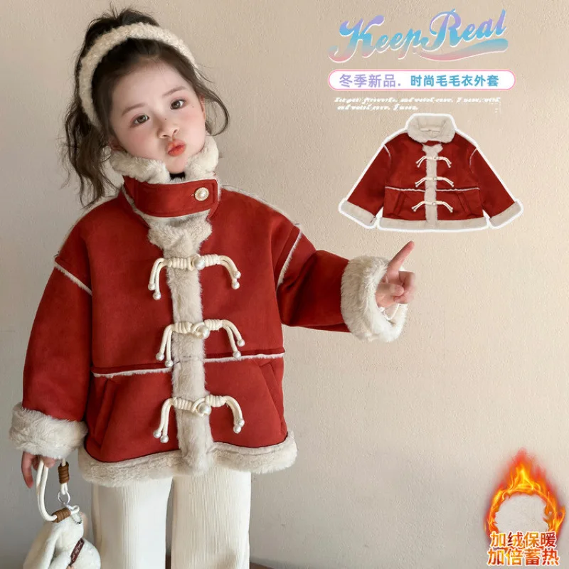 

Autumn Winter Girls' Warmth Coat Pure Color Thicken Overcoat New Fashion Comfortable Stand Collar Tops Children Clothes Casual