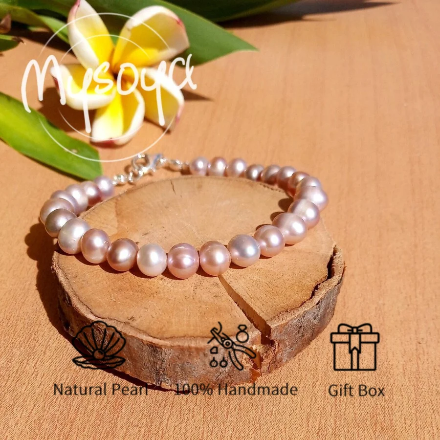 

MYSOYA 8-9mm Natural Pink Freshwater Pearl Bracelet For Women Men With Gift Box Perfect Birthday Wedding Christmas Gift