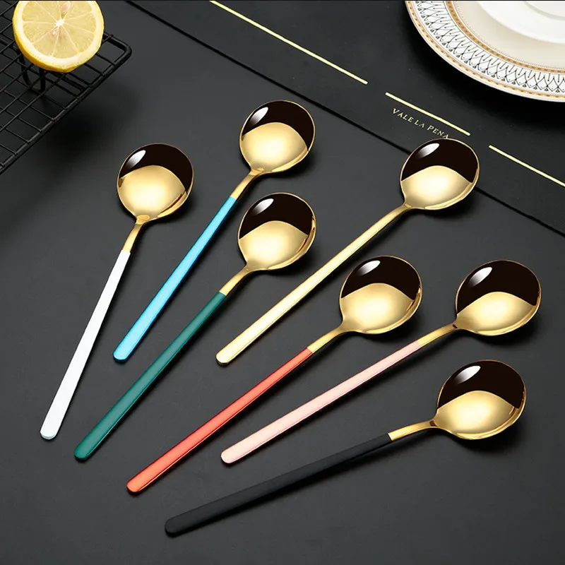 17cm Long Handle Stainless Steel Stirring Teaspoons Round Head Small Coffee Dessert Ice Cream Mixing Spoon Kitchen Tableware