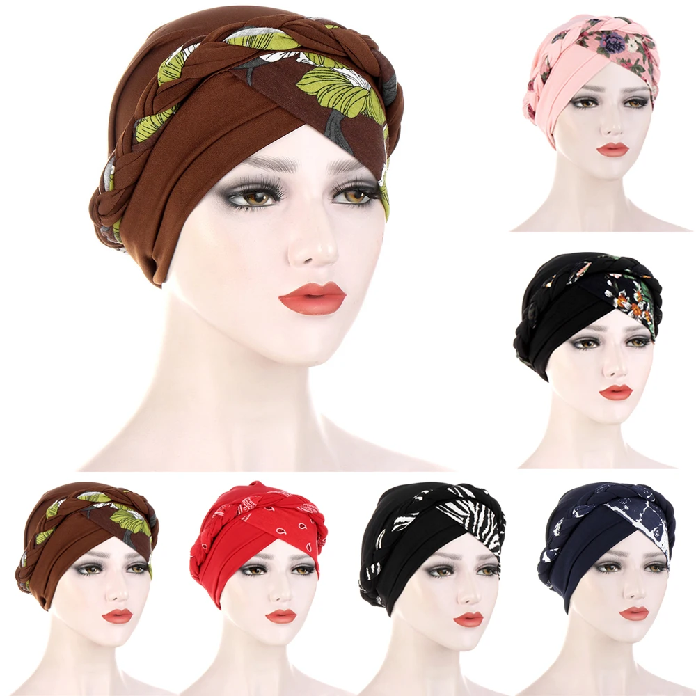 

Floral Braid Patchwork Cross Hat Indian Bonnet Women Muslim Hijab Turban Islamic Bandana Hair Loss Head Cover Chemo Cancer Cap