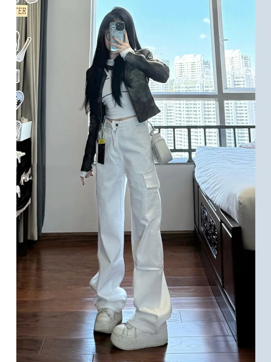 

American Retro White Workwear Jeans Women's plus Size Loose Wide Leg Long Pants High Waist Slimming Autumn Season Faion