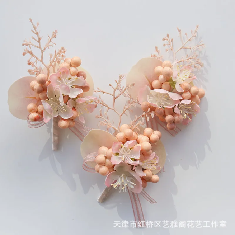 2404Wedding supplies banquet guest artificial flower bridegroom bride corsage hand honey peach pink