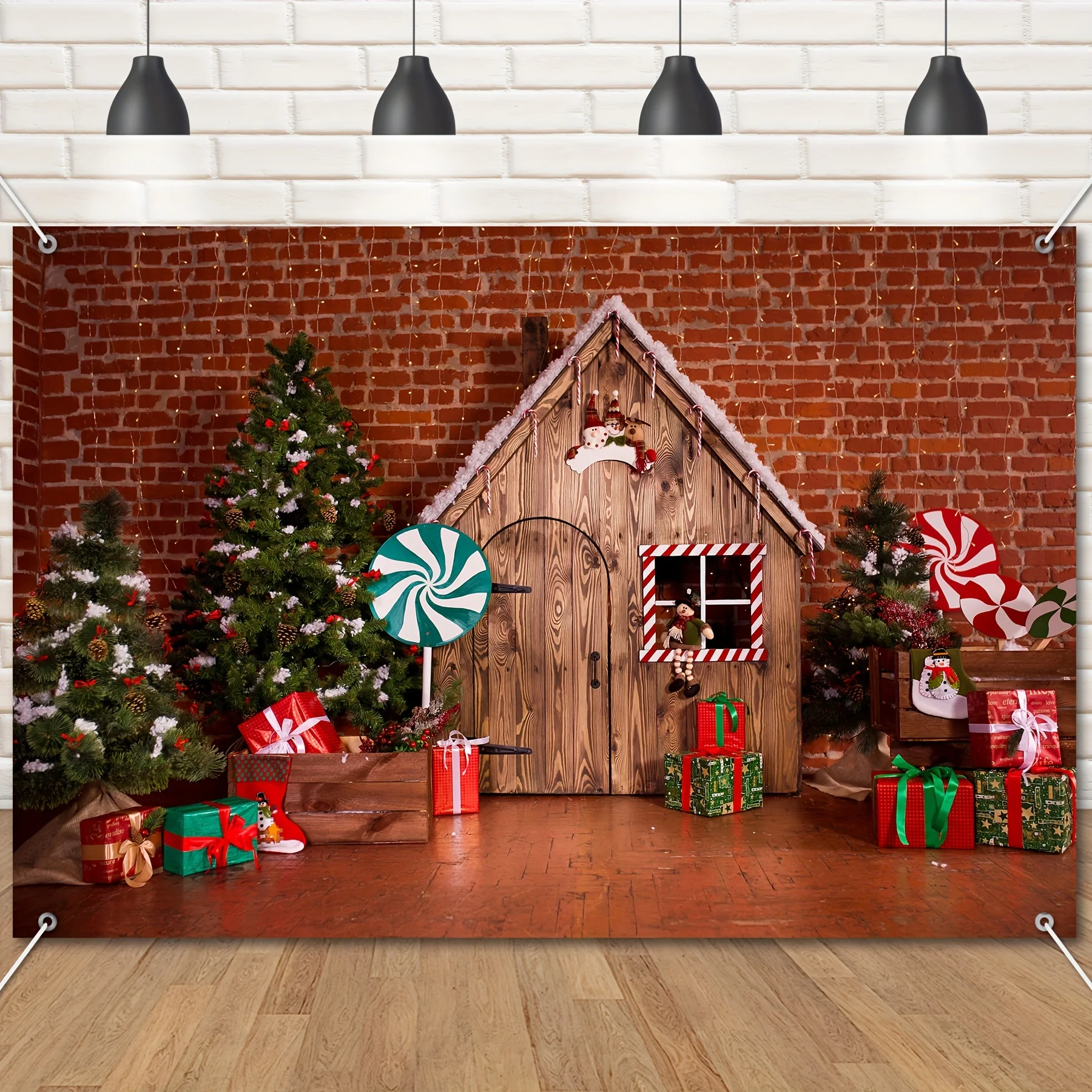 Holz kabine Süßigkeiten Hintergrund Tapisserie, Heiligabend Party Banner, Weihnachts baum Geschenk Dekoration