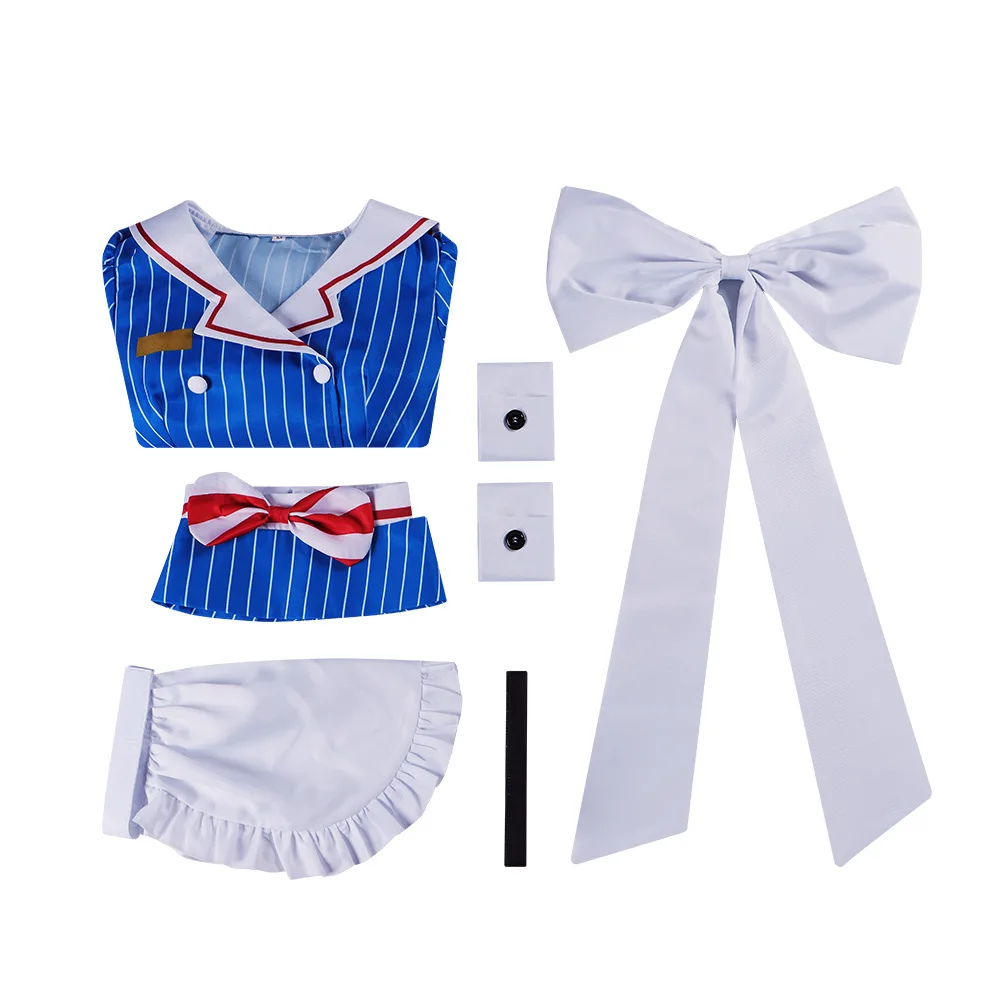 6 Stuks Hypnotiseur Cosplay Kostuum Mikuuuuu Hypnotiseur Cosplay Blauw Gestreepte Lolita Meid Jurk Halloween Feest Virtueel Uniform Pak