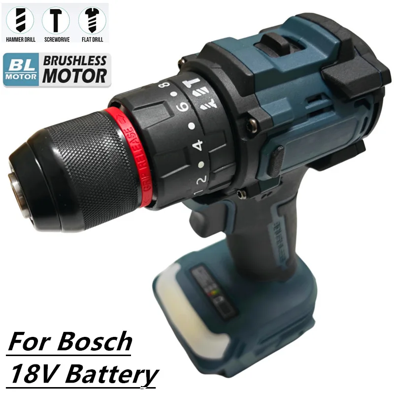 Taladro percutor inalámbrico sin escobillas, taladro eléctrico con 20+3 ajustes de torque, herramienta multifuncional para batería Bosch de 18V