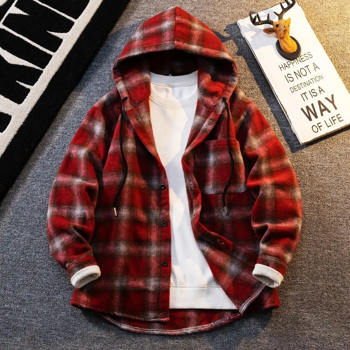 Jaket Cardigan Pria Model Longgar Berkerudung Bahan Flanel Kasual Santai untuk Musim Semi dan Gugur Gaya Jepang