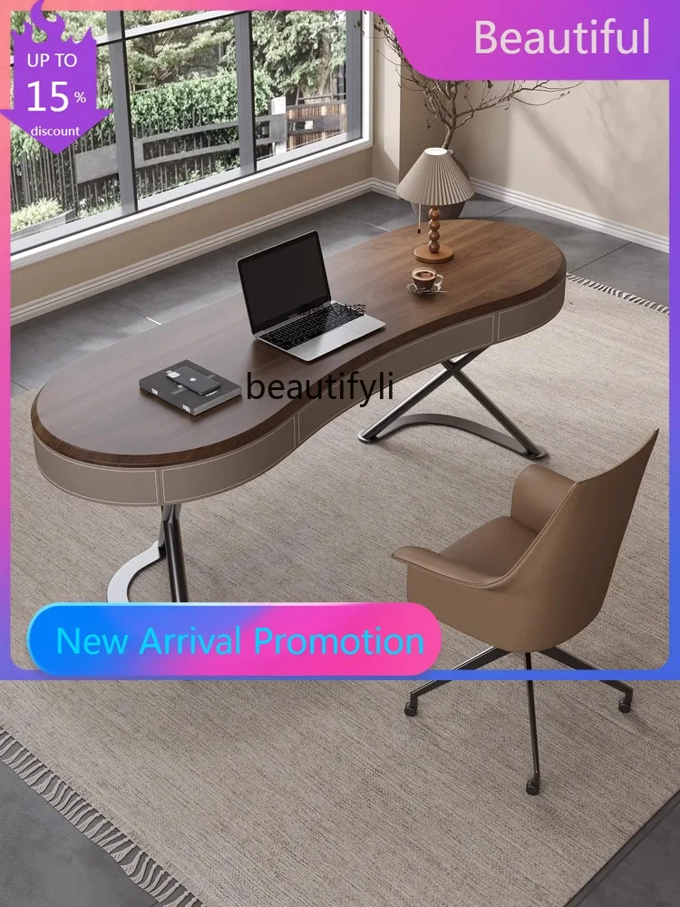 

Home Retro Style Solid Wood Living Room Study Desk Minimalist Desk Saddle Leather Computer Desk G1218